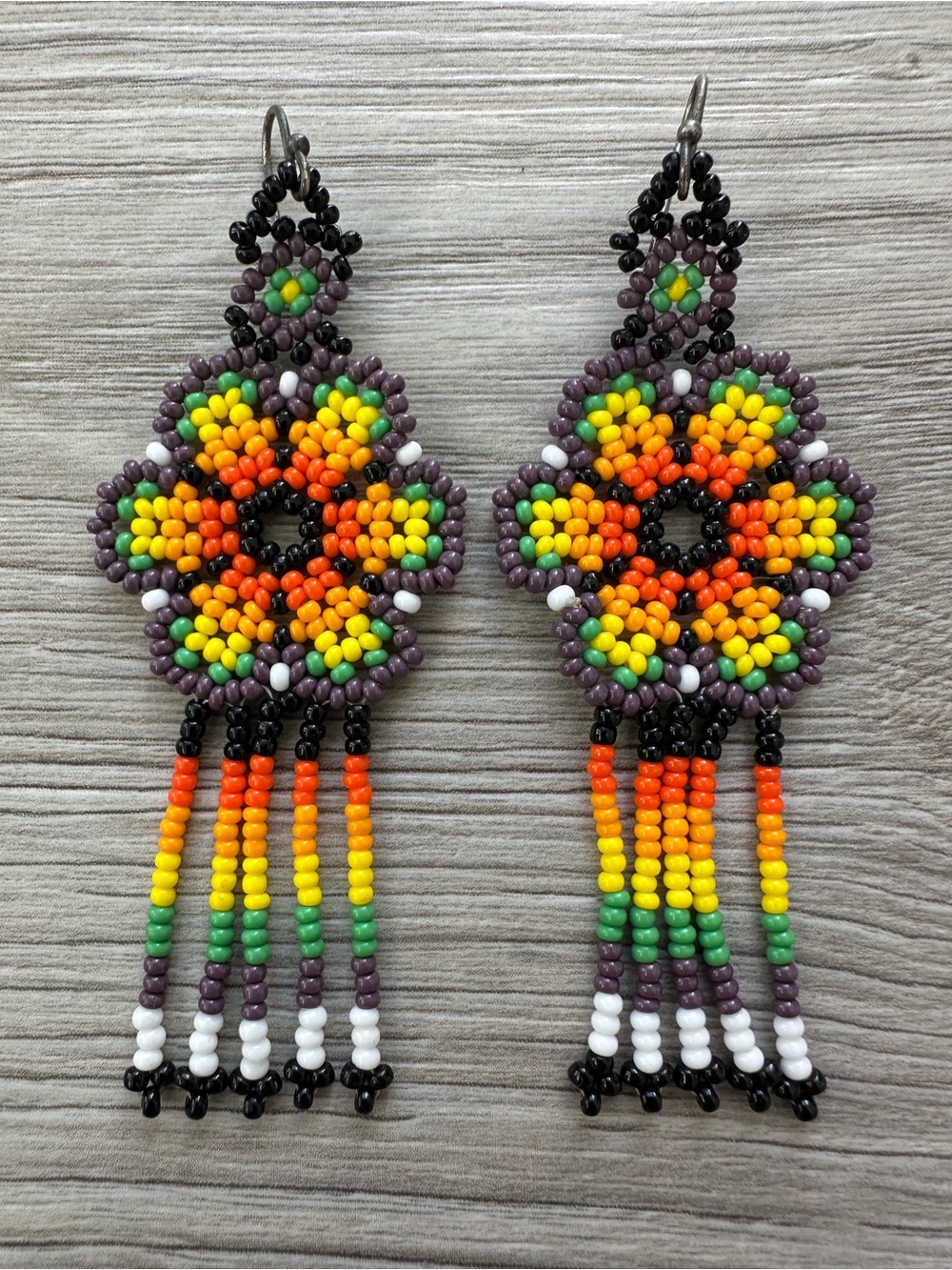 Handmade Huichol Beaded Flower Statement Earrings 3” Seed Beads